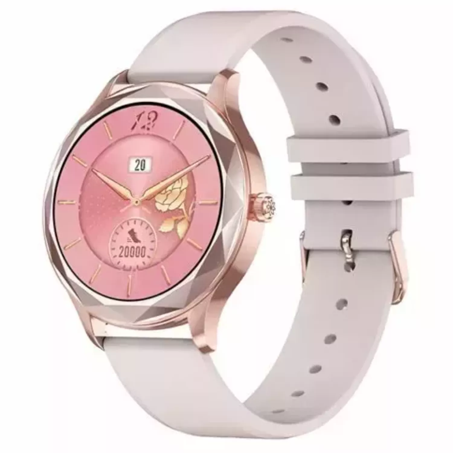 Smartwatch damski Garett Lady Ann RT złoty-róż na pasku w kolorze pudrowego różu.⌚  (1).webp